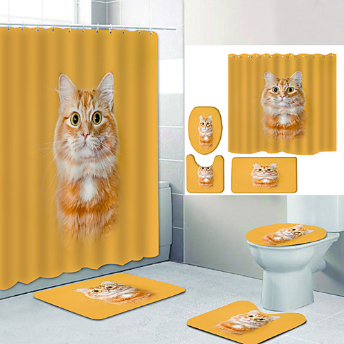 

Cat On Yellow Background Digital Printing Four-piece Set Shower Curtains and Hooks Modern Polyester Machine Made Waterproof Bathroom