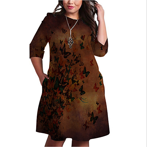 

Women's Plus Size Dresses T Shirt Dress Tee Dress Knee Length Dress 3/4 Length Sleeve Graphic Butterfly Animal Print Basic Fall Red XL XXL 3XL 4XL 5XL / Holiday