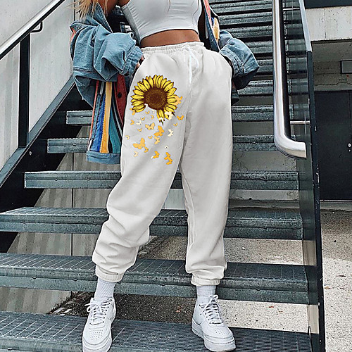 

Women's Streetwear Sweatpants Comfort Going out Weekend Jogger Pants Graphic Prints Sunflower Full Length Elastic Drawstring Design Print White