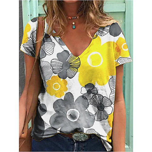 

Women's T shirt Floral V Neck Tops Basic Basic Top White