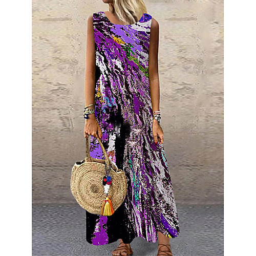 

Women's Shift Dress Maxi long Dress Purple Sleeveless Print Color Block Print Spring Summer Round Neck Casual 2021 S M L XL XXL 3XL