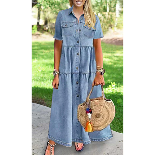 

Women's Plus Size Dresses Denim Shirt Dress Maxi long Dress Short Sleeve Patchwork Shirt Collar Casual Summer Sky Blue Dark Blue XL XXL 3XL 4XL 5XL / Cotton / Loose / Cotton