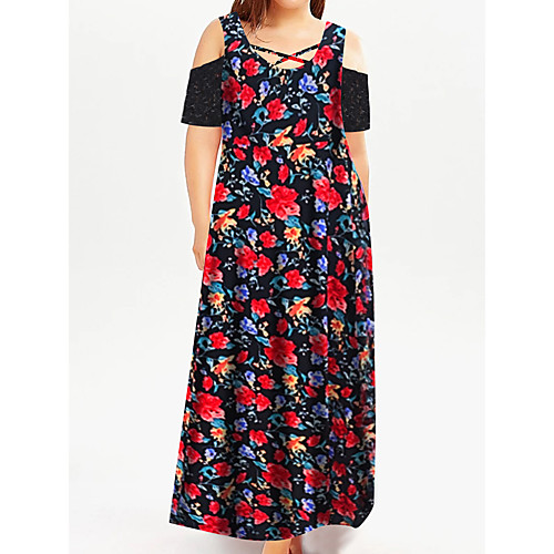 

Women's Plus Size Dresses Shift Dress Maxi long Dress Short Sleeve Floral Graphic Print Boat Neck Basic Spring & Summer Red XL XXL 3XL 4XL 5XL / vacation dresses / Going out / Loose