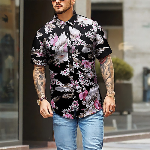 

Men's Shirt Floral Plus Size Print Short Sleeve Tops Black