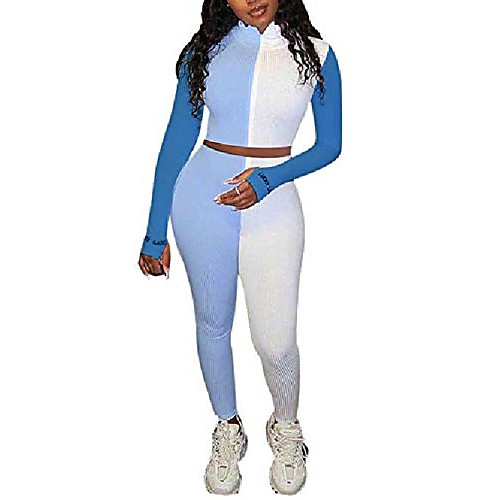 

casual ribbed 2 piece jumpsuit winter party club outfit women color block pants suit s blue white