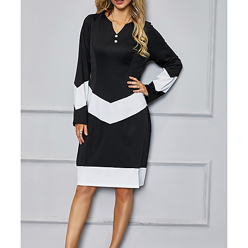 

Women's Shift Dress Knee Length Dress Black Long Sleeve Color Block Patchwork Fall Summer V Neck Elegant Casual 2021 S M L XL XXL