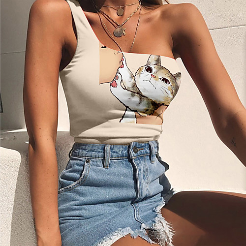 

Women's Tank Top Cat Animal Print One Shoulder Tops Basic Streetwear Basic Top Khaki Light gray Beige