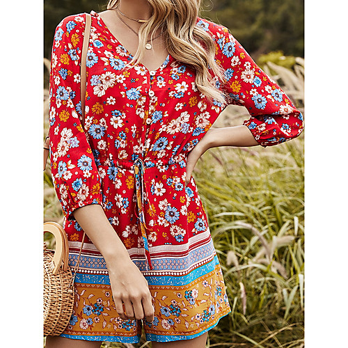 

Women's Shift Dress Short Mini Dress Red 3/4 Length Sleeve Floral Ruched Print Fall Summer V Neck Elegant Casual Cotton 2021 S M L XL