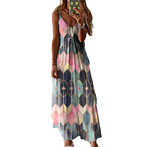 

Women's Strap Dress Maxi long Dress Purple Blushing Pink Wine Orange Green Royal Blue Gray Light Blue Sleeveless Color Block Geometric Print Summer V Neck Elegant Cotton 2021 S M L XL XXL 3XL 4XL 5XL