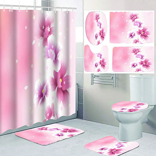 

Flower Pattern Bathroom Waterproof Shower Curtain and Cushion Four-piece Modern Polyester New Design