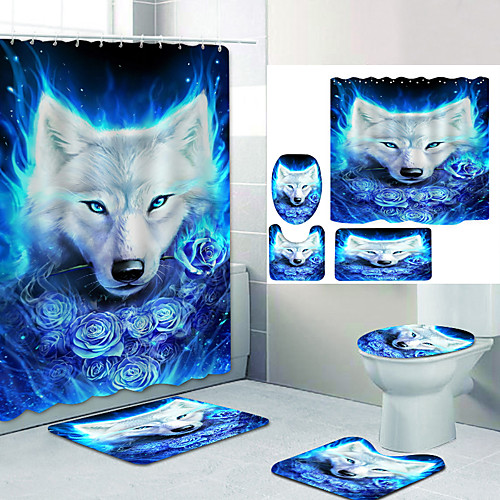 

Green Fire and White Wolf Digital Printing Four-piece Set Shower Curtains and Hooks Modern Polyester Machine Made Waterproof Bathroom