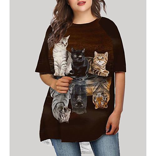 

Women's Plus Size Cat Graphic Animal Print Basic Half Sleeve Fall Short Mini Dress T Shirt Dress Tee Dress Brown