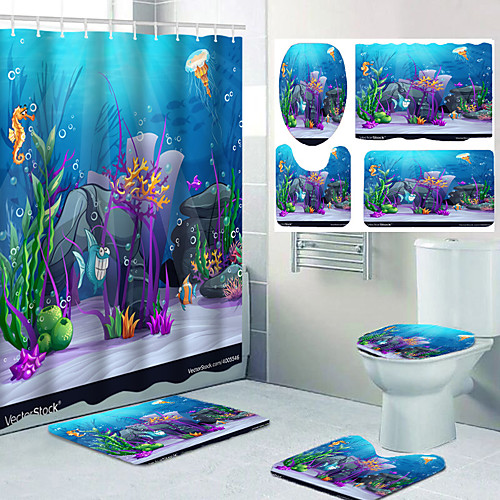

Four-piece Set of Waterproof Shower Curtain and Hook Cushion for Bathroom Casual Decoration
