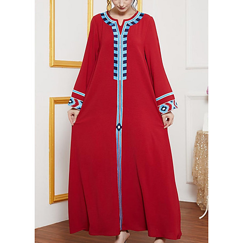 

Women's Kaftan Dress Maxi long Dress Long Sleeve Color Block Patchwork Summer Casual 2021 Red 4XL