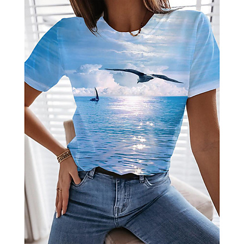 

Women's T shirt Graphic Bird Print Round Neck Tops Basic Beach Basic Top Light Blue