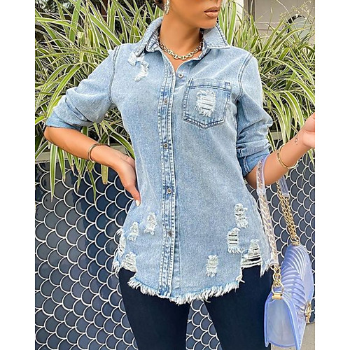 

Women's Jackets Solid Colored Cut Out Casual Fall Jacket Regular Daily Long Sleeve Denim Coat Tops Light Blue