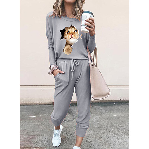 

Women Basic Streetwear 3D Print Cat Vacation Casual / Daily Two Piece Set Tracksuit T shirt Pant Loungewear Drawstring Print Tops
