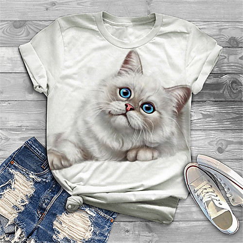 

Women's Plus Size Print Cat Graphic T shirt Large Size Crewneck Short Sleeve Basic Tops XL XXL 3XL White Big Size