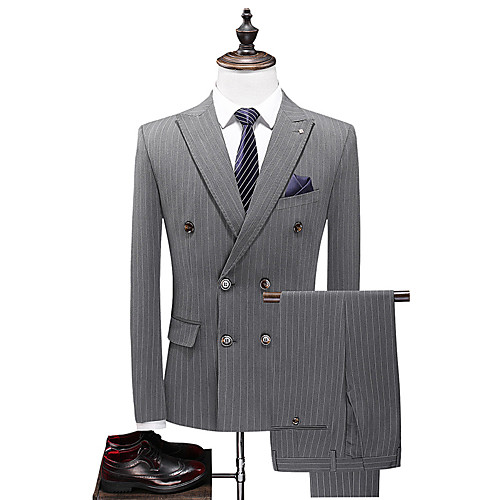 

Black / Dark Blue / Gray Striped Standard Fit Polyester Suit - Peak Double Breasted Four-buttons