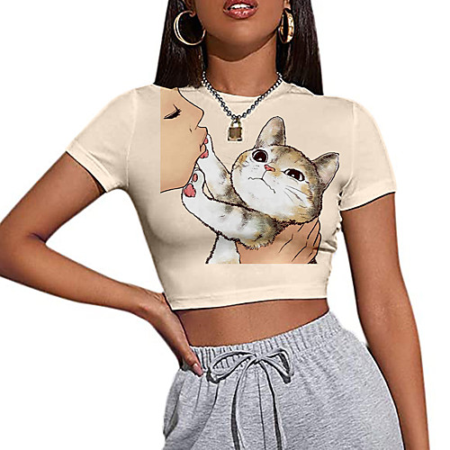 

Women's Crop Tshirt Cat Animal Print Round Neck Tops Basic Basic Top Khaki Light gray Beige