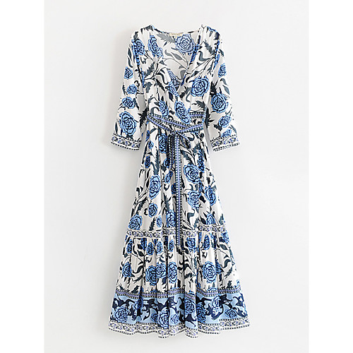 

Women's Sheath Dress Maxi long Dress Blue Long Sleeve Floral Lace up Print Spring Summer V Neck Casual Butterfly Sleeve Cotton 2021 S M L