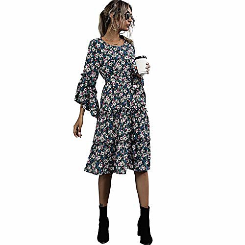 

women's chiffon floral round neck long sleeve midi dress (small, black)