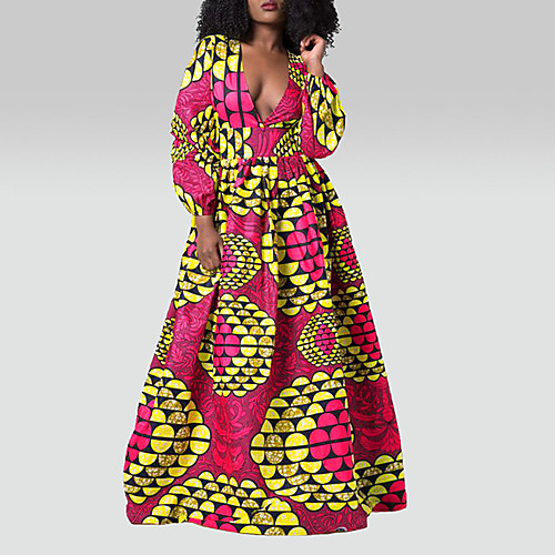 

Women's Sheath Dress Maxi long Dress Red Blushing Pink Long Sleeve Print Color Gradient Zipper Print Fall Spring V Neck Sexy Boho 2021 S M L XL
