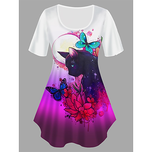 

Women's Plus Size Print Cat Graphic Animal T shirt Large Size Crewneck Short Sleeve Basic Tops XL XXL 3XL Dark Red Big Size