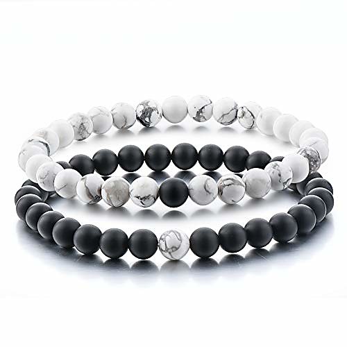 

couples gifts,long distance relationship friendship bracelets black matte agate & white howlite natural energy stone beads bracelets bangle for his hers men women at birthday