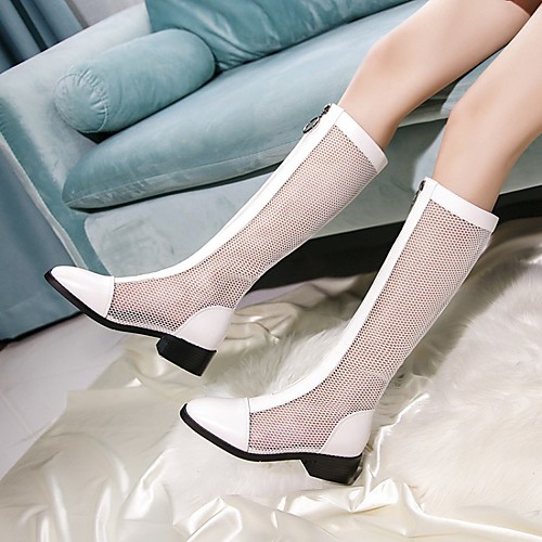 

Women's Boots Block Heel Round Toe Knee High Boots Mesh Microfiber Solid Colored White Black Pink