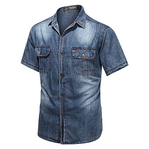 

Men's Shirt non-printing Solid Color Denim Short Sleeve Daily Tops Cotton Military Hawaiian Dusty Blue Royal Blue Light Blue