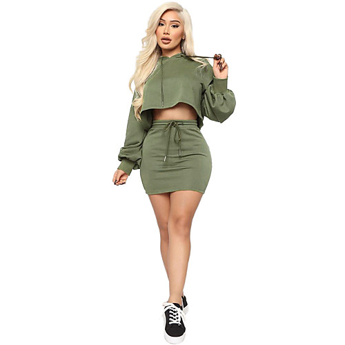 

Women's Basic Streetwear Solid Color Going out Casual / Daily Two Piece Set Crop Top Hoodies & Sweatshirts Tracksuit Skirt Drawstring Tops