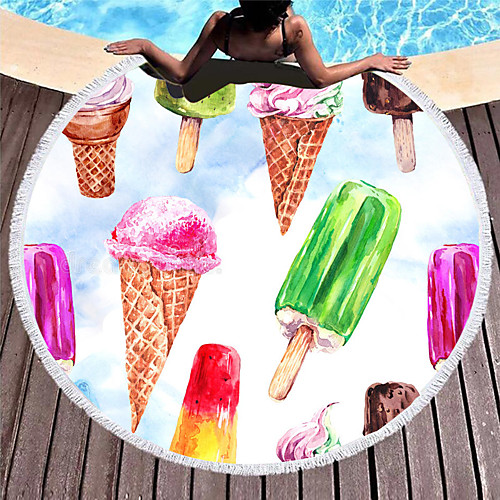 

new summer products amazon hot selling round beach towel with watercolor ice cream, customizable quick-drying bath towel with tassels