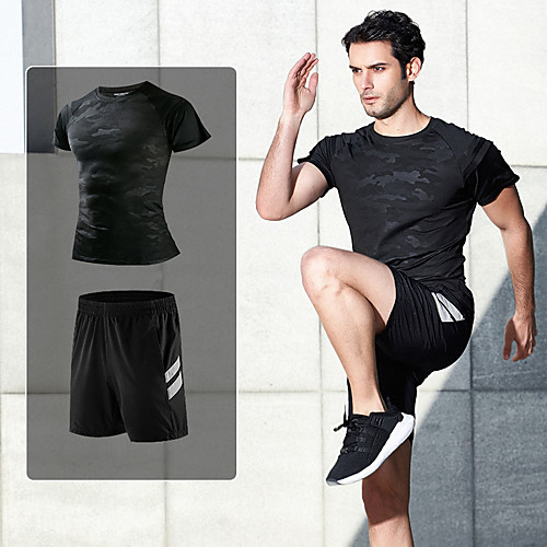 

Men's 2 Piece Tracksuit Jogging Suit Athleisure 2pcs Summer Short Sleeve Quick Dry Breathable Sweat Out Fitness Jogging Sportswear Normal Black Activewear Inelastic
