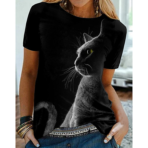 

Women's T shirt Cat Graphic 3D Print Round Neck Tops Basic Basic Top Black