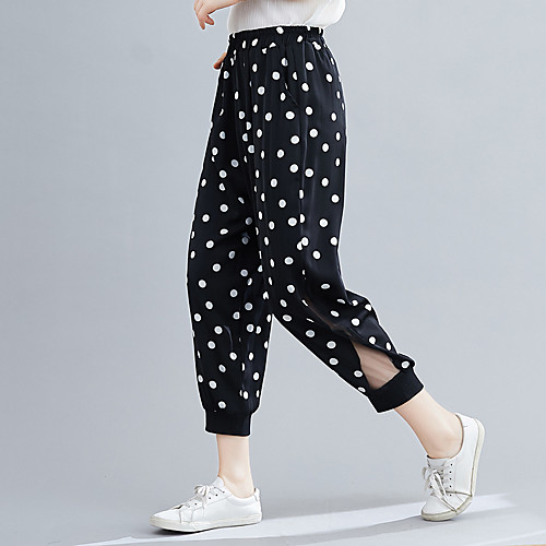 

Women's Casual / Sporty Streetwear Comfort Going out Weekend Chinos Pants Polka Dot Color Block Ankle-Length Pocket Patchwork Elastic Waist White Black