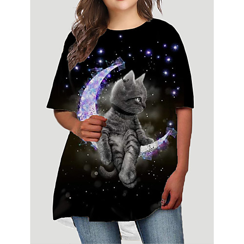 

Women's Plus Size Dresses T Shirt Dress Tee Dress Short Mini Dress Half Sleeve Cat Graphic Animal Print Basic Fall Black XL XXL 3XL 4XL 5XL / Holiday