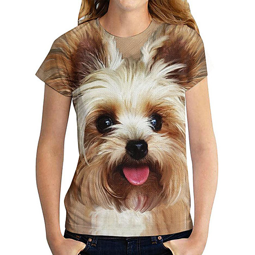 

Women's T shirt Dog 3D Animal Print Round Neck Tops Basic Basic Top Khaki
