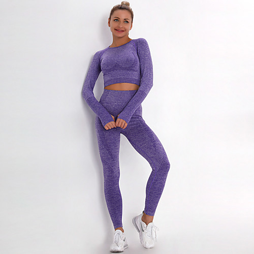 

Women's 2pcs Activewear Set Yoga Suit Winter Thumbhole Cropped Solid Color Black Purple Pink Spandex Yoga Fitness Gym Workout Clothing Suit Long Sleeve Sport Activewear Tummy Control Butt Lift
