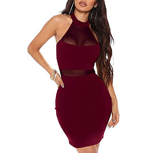 

womens sexy sleeveless mesh see through bodycon halter neck club dress red