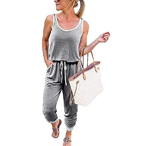 

merokeety womens sleeveless scoop neck tank jumpsuit racerback drawstring pants rompers, grey, m