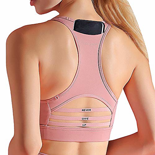 

yojee women's sport bra with pocket racerback sport bra yoga running gym bra pink s