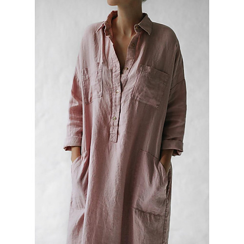 

Women's Shift Dress Midi Dress Blushing Pink Long Sleeve Solid Color Summer Shirt Collar Casual 2021 S M L XL XXL