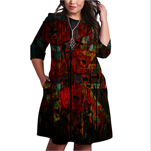 

Women's Plus Size Dresses Shift Dress Knee Length Dress 3/4 Length Sleeve Graphic Flag Print Basic Fall Red XL XXL 3XL 4XL 5XL / Holiday