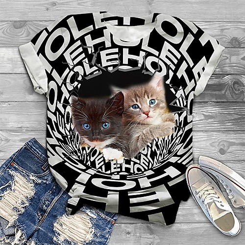 

Women's Plus Size Print Cat Graphic Letter T shirt Large Size Crewneck Short Sleeve Basic Tops XL XXL 3XL Black Big Size