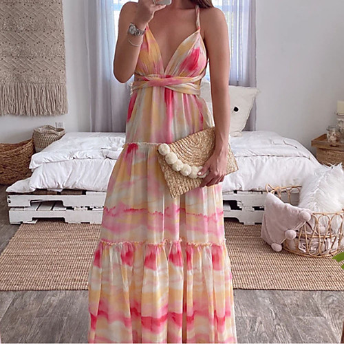 

Women's Swing Dress Maxi long Dress Blushing Pink Sleeveless Color Block Lace up Print Spring Summer Halter Neck V Neck cold shoulder Casual Sexy 3D Print S M L XL