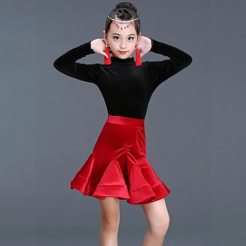 

Latin Dance Skirts Pleats Solid Ruffle Girls' Training Performance Long Sleeve High Pleuche Polyester