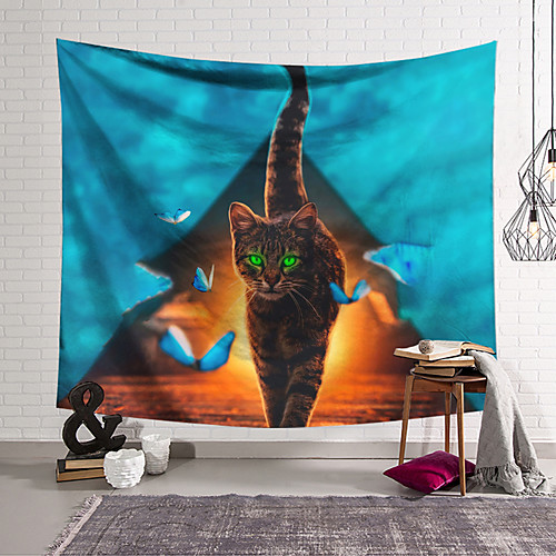 

Wall Tapestry Art Decor Blanket Curtain Hanging Home Bedroom Living Room Decoration Polyester Cat With Green Eyes on Blue Background
