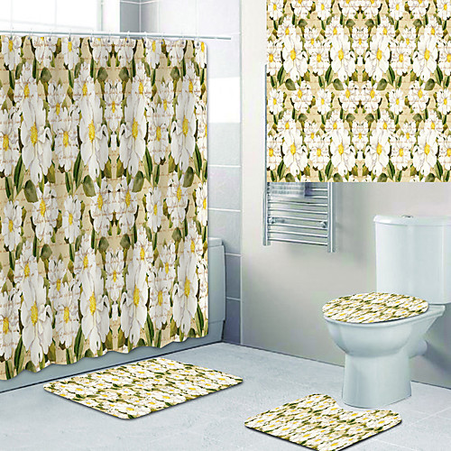 

Blooming Beautiful Flowers Printed Bathtub Curtain liner Covered with Waterproof Fabric shower Curtain for Bathroom home Decoration with hook floor mat and four-piece Toilet mat