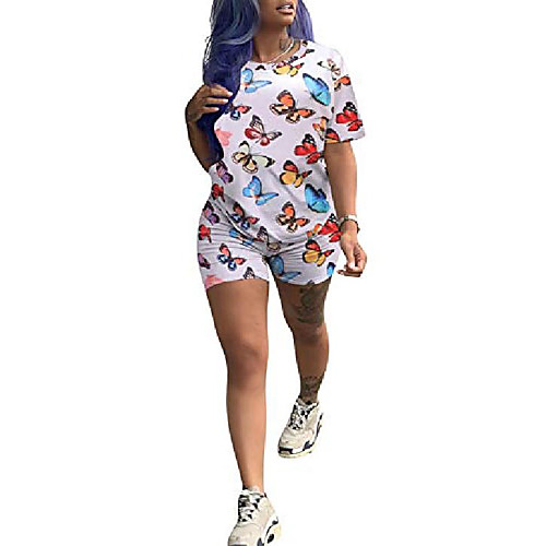 

kubao women jogger athletic two piece set o neckshorts set printed jumpsuits 04-white 2xl